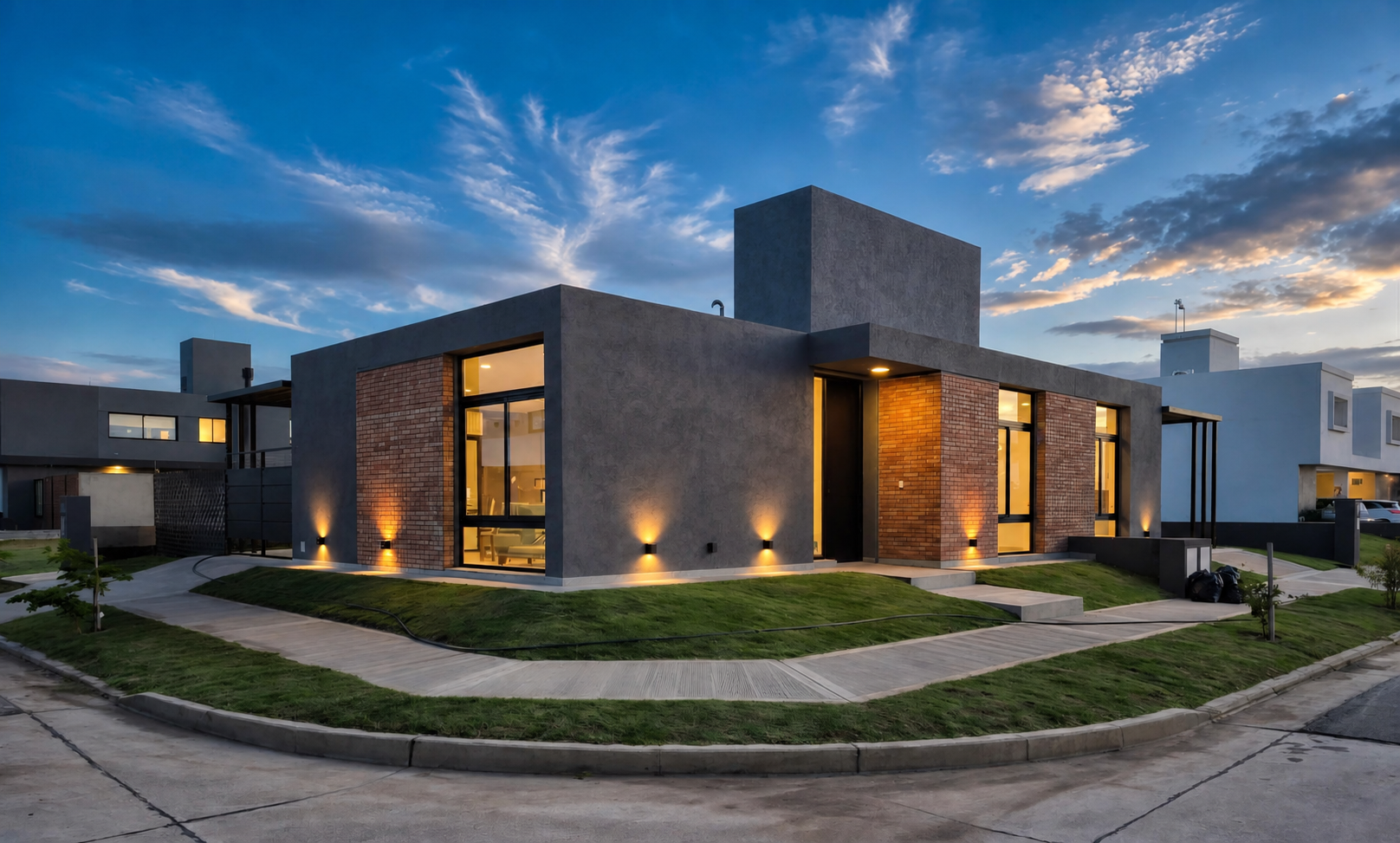 Fotografía del frente de una vivienda CALA al atardecer